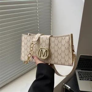 Fashion M Monogram Printed PU Leather Small Square Bag For Women Gold Metal Buckle Chain Strap Shoulder Crossbody Bag