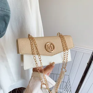 Women Retro PU Leather Crossbody Bag Woven Texture Handheld Box Bag With Gold Metal M Logo Chain Shoulder Bag Fashion Tote