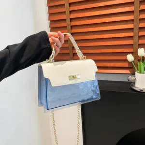 Fashion Contrast Color PU PVC Quilted Crossbody Bag For Women Trendy Small Square Handbag With Lock Gold Chain Strap