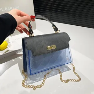 Blue transparent PVC crossbody bag with black trim and diamond pattern and gold chain