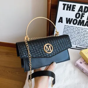 Retro black crossbody bag with woven texture, metal M logo and chain shoulder strap