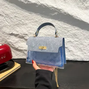 Modern light blue crossbody bag with transparent PVC quilted panel and gold twist lock