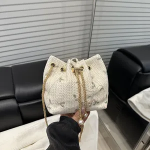 Women's Flower Embroidery Woven Bucket Bag Floral Drawstring Handbag With Artificial Pearl Decoration Metal Chain Strap Shoulder Bag