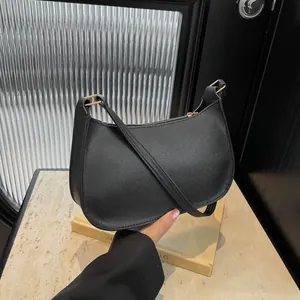 Retro PU Leather Half Moon Underarm Bag For Women Solid Color Shoulder Bag With Gold Hardware Zip Closure Small Hobo Handbag