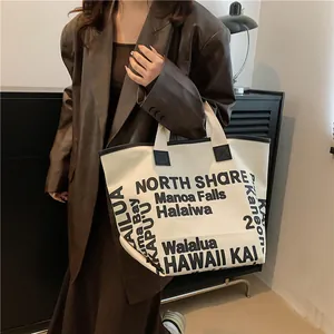 Sac fourre-tout minimaliste en toile avec imprimé noir et grande capacité