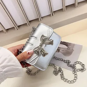 Sweet PU Leather Mini Square Bag For Girls Women Metal Bowknot Chain Crossbody Shoulder Bag Vintage Small Flap Purse