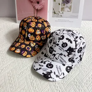 Halloween baseball caps with cartoon ghost and pumpkin prints on a white textured background