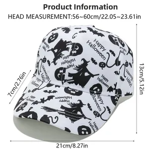 Detailed size guide for Halloween ghost pumpkin baseball cap showing crown height and brim length