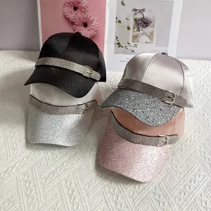 Fashion Women Satin Baseball Cap With Rhinestone Belt Buckle Glitter Brim Adjustable Casual Sun Hat Outdoor Travel Accessories