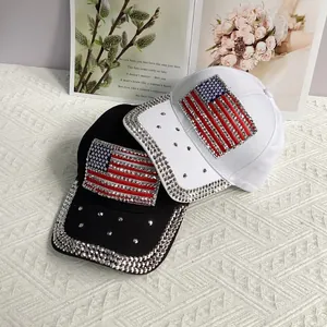 Women Fashion Rhinestone American Flag Baseball Cap Cotton Breathable Sun Hat Adjustable Curved Brim Outdoor Travel Headwear