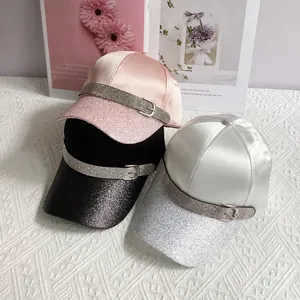 Fashion satin baseball cap set with rhinestone belt buckle and glitter brim for sun protection
