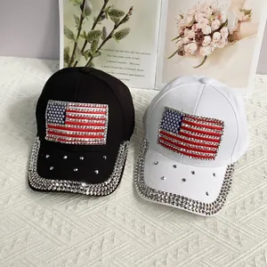 Black and white baseball caps with rhinestone American flag patterns for women