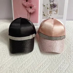 Fashion satin baseball cap with glitter brim and rhinestone buckle in black and pink