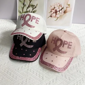 Women Fashion Rhinestone Baseball Cap Cotton HOPE Letter Pink Ribbon Adjustable Sun Hat Outdoor Casual Light Luxury Hat