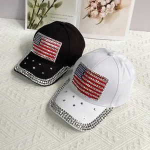 Fashionable baseball caps in black and white with rhinestone American flag decoration