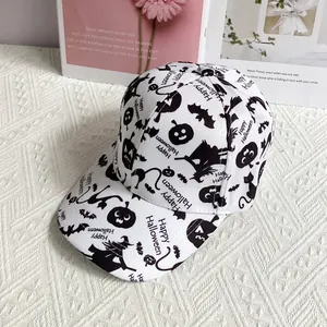 Detailed view of the Happy Halloween festive patterns printed on white cotton baseball cap