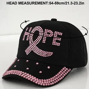 Detail of rhinestone HOPE lettering on black baseball cap with 54-59cm size guide