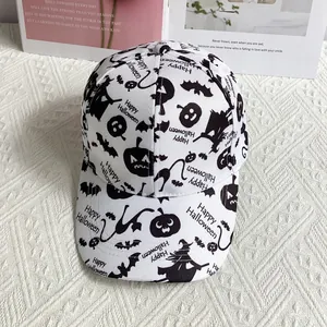 Close-up of Halloween baseball cap featuring spooky pumpkin, bat and witch print details