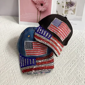 Denim baseball caps with rhinestone American flag patterns in navy blue and black