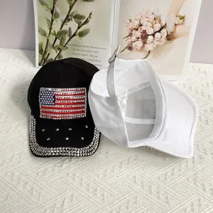 Fashionable baseball caps with rhinestone American flag patch in black and white colors