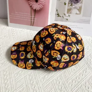 Detailed pattern of Halloween ghosts and pumpkins on a black baseball cap surface