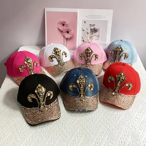 Luxurious Fleur-De-Lis Rhinestone Denim Baseball Cap For Women Glitter Crystal Embellished Sun Hat Fashion Adjustable Streetwear