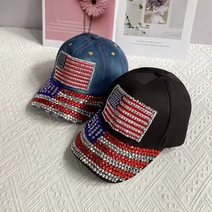 Detail of denim and twill baseball caps with sparkling rhinestone American flag patterns