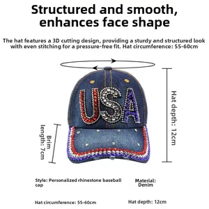 Dimensions détaillées pour une casquette en jean avec lettres USA ornées de strass brillants