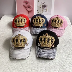 Luxurious Crown Embroidery Baseball Cap With Pearl Rhinestone Sequin Cotton Denim Adjustable Sun Hat For Women Men Streetwear
