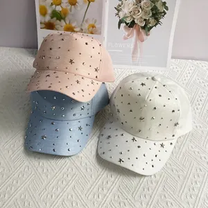 Damen Mode Merzerisierte Baumwolle Baseballkappe Mit Strass Stern Metallnieten Atmungsaktiv Sommer Verstellbar Sonnenhut