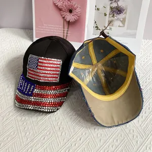 Denim baseball cap featuring rhinestone US flag design and adjustable leather strap