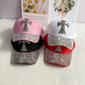 Trendy Rhinestone Cross Baseball Cap For Women Denim Cotton Washed Adjustable Bling Hip Hop Streetwear Sun Hat