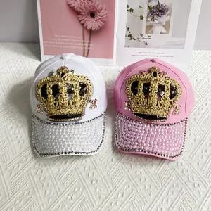 Fashion baseball caps with golden crown patches, pearls and rhinestones decoration