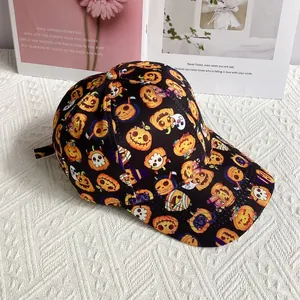 Close-up of Halloween baseball cap featuring vibrant pumpkin and ghost prints on cotton fabric