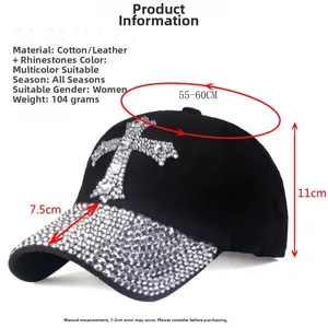 Detailed dimensions of denim baseball cap with rhinestone cross and 104g weight specification