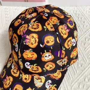 Top view of black baseball cap with Halloween pumpkin, ghost, and bat cartoon prints