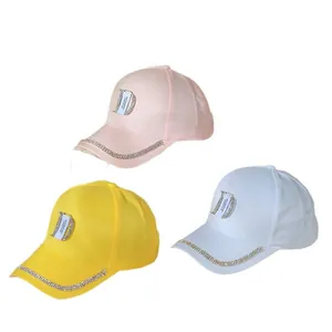 Satin baseball hats with rhinestone D logo in pink, yellow, and white color options