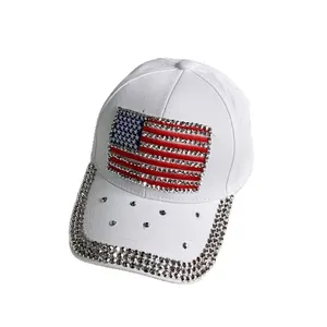 White cotton baseball cap with American flag rhinestone pattern and silver crystals