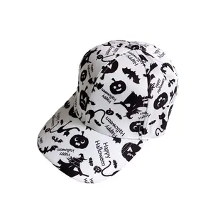 White Halloween baseball cap with black pumpkin, witch, and bat prints all over the fabric