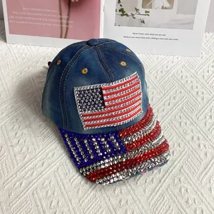 Close-up of vintage denim baseball cap with sparkling rhinestone American flag design