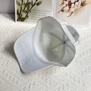 Detailed view of the interior white baseball cap lining and adjustable plastic snapback closure