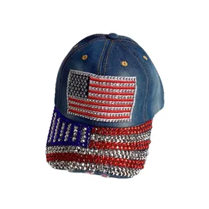 Denim baseball cap featuring rhinestones American flag design and star patterns