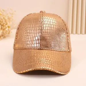 Metallic gold baseball cap with embossed crocodile texture and a six-panel crown design