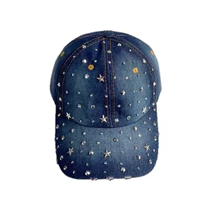 Berretto da baseball in denim con strass a stella argento e visiera effetto vintage