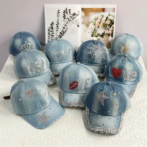Casquette de Baseball en Denim Mode Femme Strass USA LOVE Papillon Coeur Motif Coton Lavé Ajustable Chapeau d'Extérieur