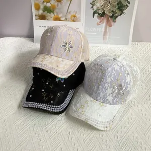 Casquette de Baseball en Dentelle Broderie Florale pour Femmes Avec Décoration en Künstliche Perles et Strass Respirante Ajustable Mode