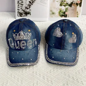 Casquettes de baseball en jean avec couronne en strass et motifs de cœur pour l'été