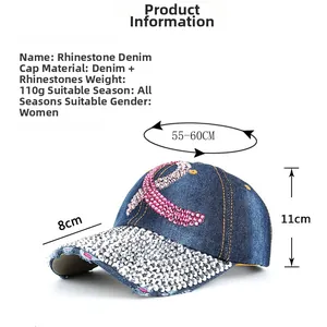 Detailed size chart for rhinestone denim baseball cap with American flag ribbon design