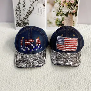 Damen Denim Baseballkappe Strass USA Flagge Band USA Buchstabe Gewaschen Verstellbar Sonnenhut Mode Accessoire