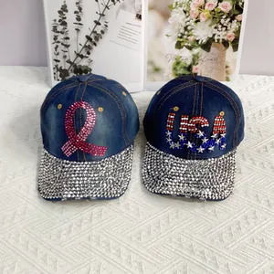 Denim-Baseballkappen mit USA-Strassstein- und Schleifen-Motiv in verwaschenem Blau